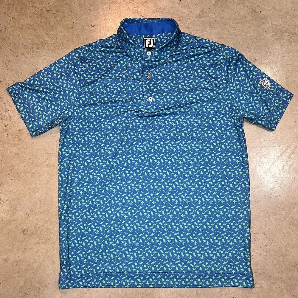 Footjoy FJ Polo Shirt Men's Medium Blue All Over Print Golf Performance Stretch